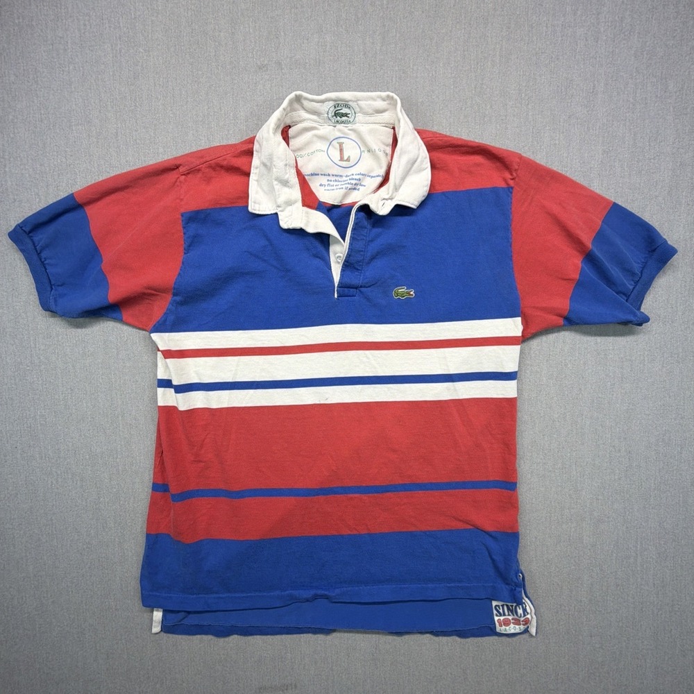 Vintage‎ Izod Lacoste Rugby Polo Red White Blue Men's Large Preppy USA